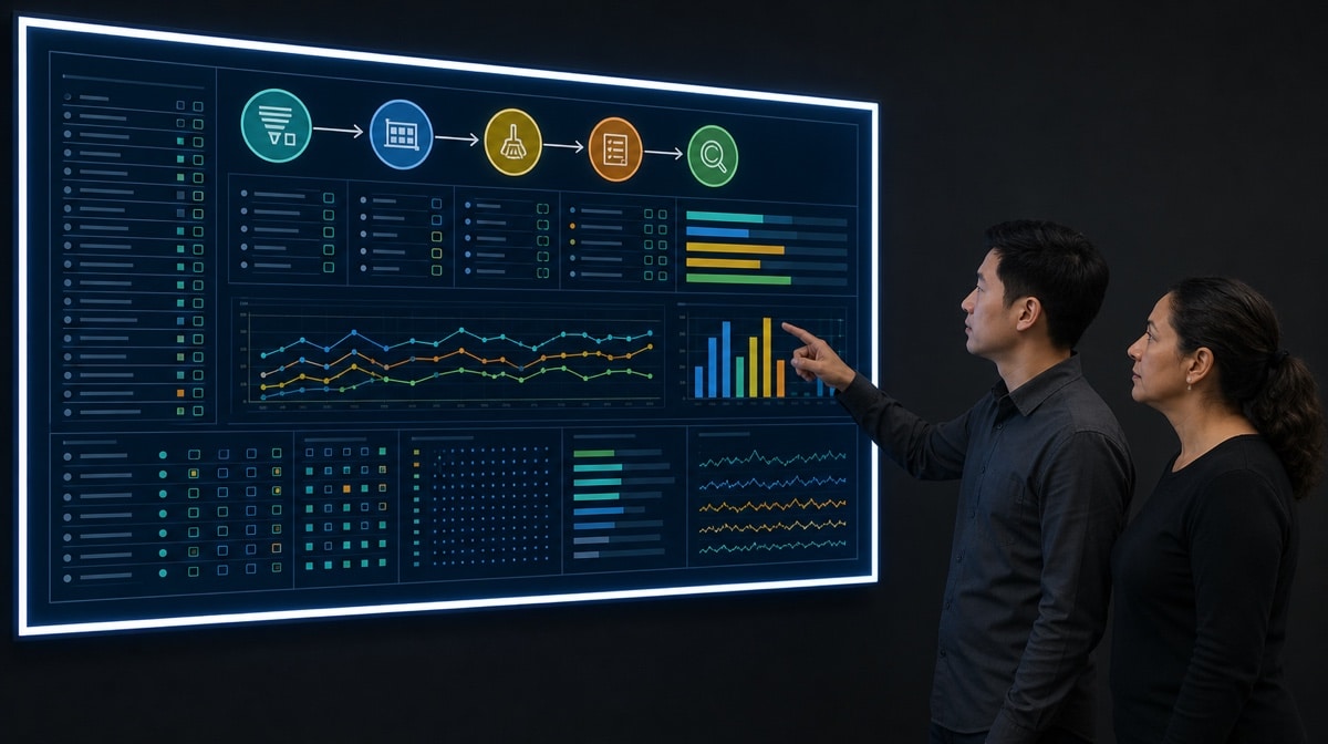 Team leader reviewing a five-stage Lean 5S workflow dashboard with a colleague