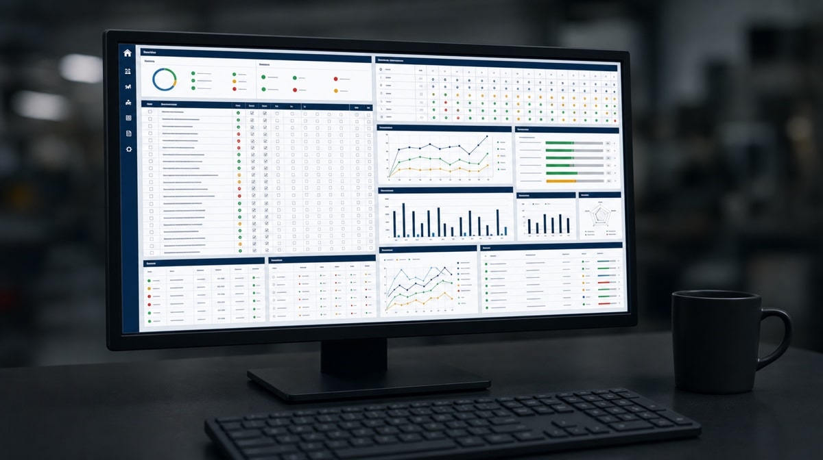 Visual standards and recurring 5S audit checklist on an industrial workstation monitor