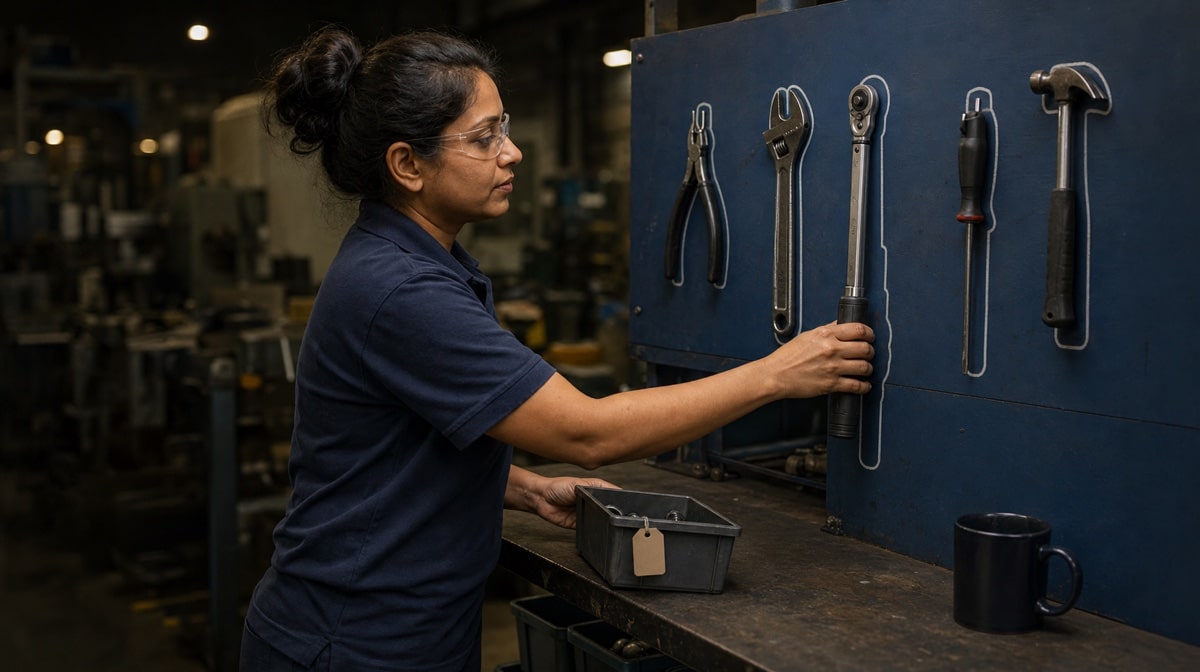 Operator returning a torque wrench to its outlined storage position during routine work