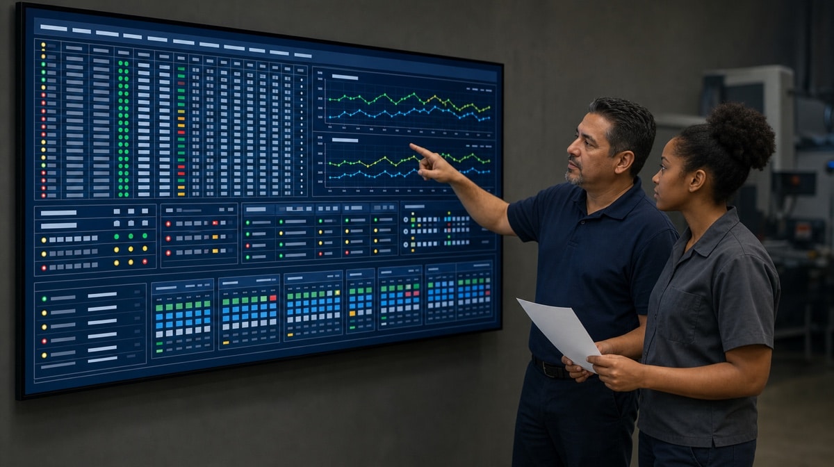 Supervisor and operator reviewing a Lean 5S sustainment dashboard during a floor walk
