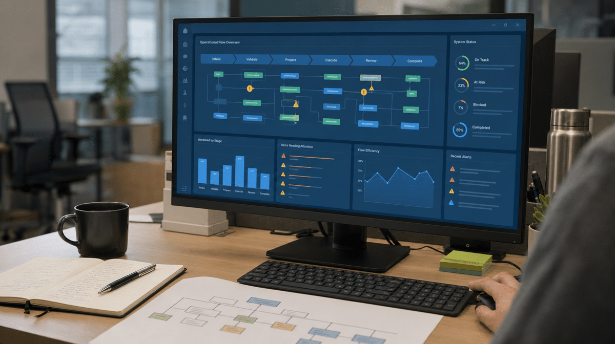Operations dashboard showing product flow stages and bottlenecks on an office monitor