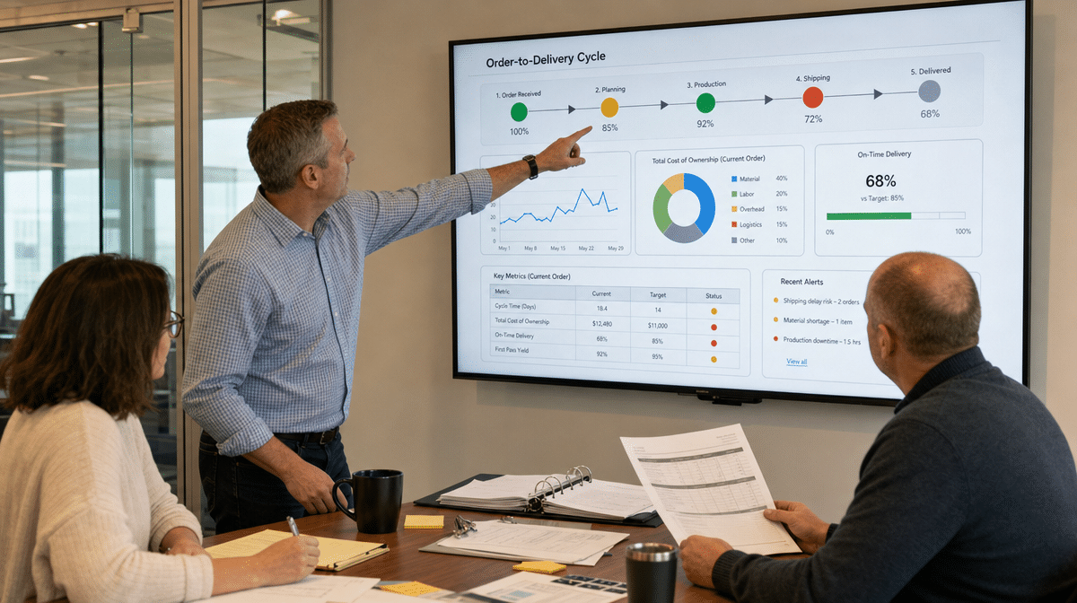 Product flow team reviewing order-to-delivery cycle dashboard and cost worksheet