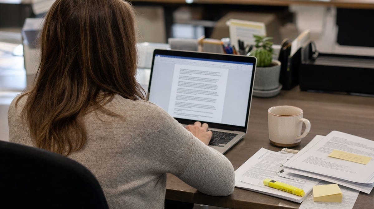 Technical writer drafting a company procedure on a laptop with printed reference documents and sticky notes