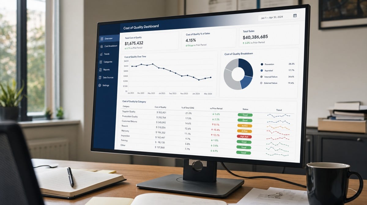 Office monitor showing a cost of quality dashboard with charts and green amber red status indicators