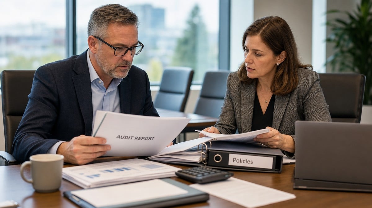 Two executives in a boardroom reviewing an audit report and a policies binder together