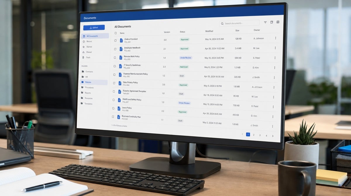 Desk monitor showing a document management interface with policy version and approval status columns