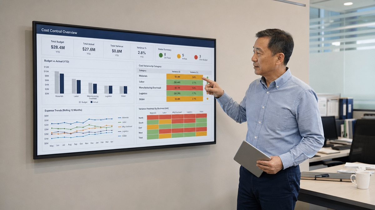 Controller reviewing budget variances and cost-control indicators on a dashboard