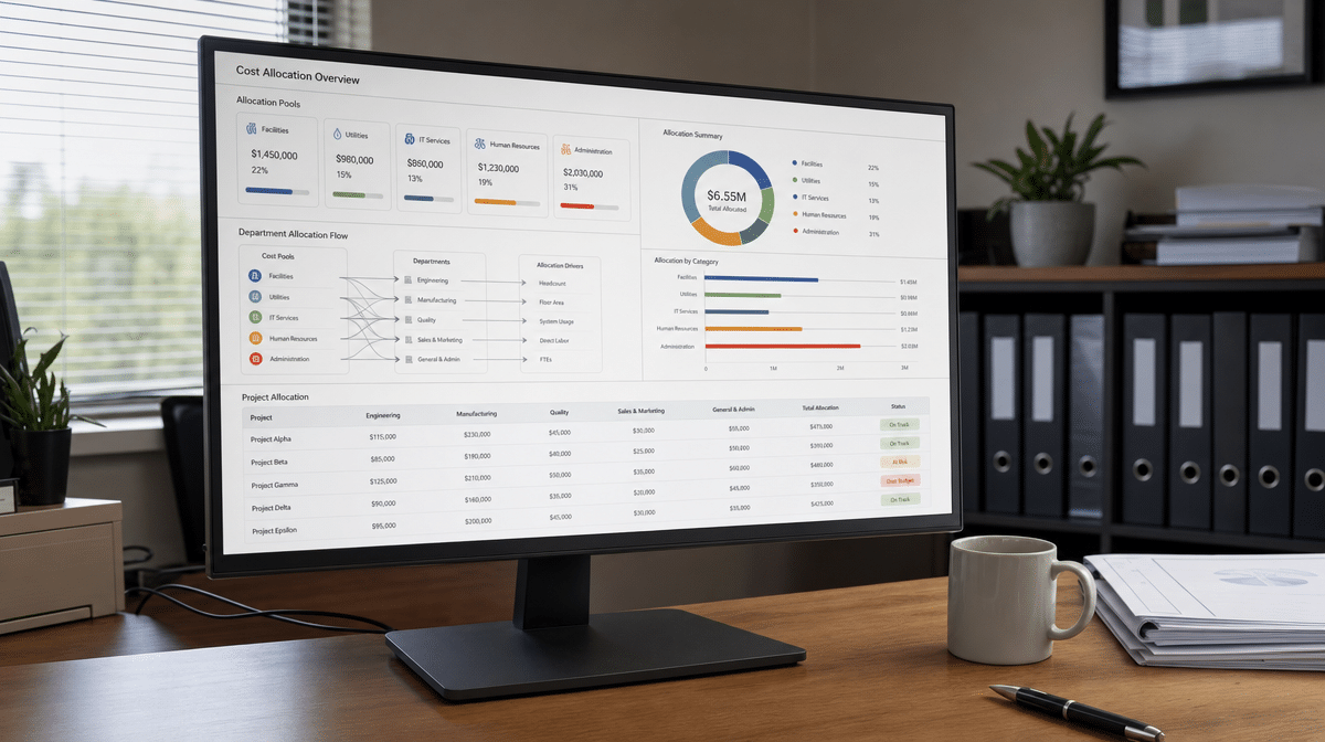Indirect cost pool dashboard allocating shared overhead across departments and projects