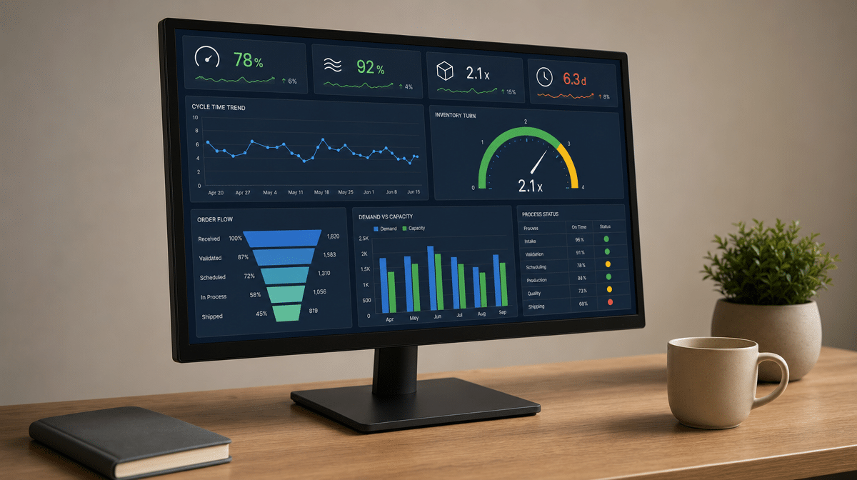 Performance dashboard showing leading metrics, flow, and capacity