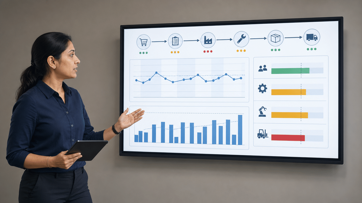 Manufacturing manager reviews inventory turns and order delivery flow