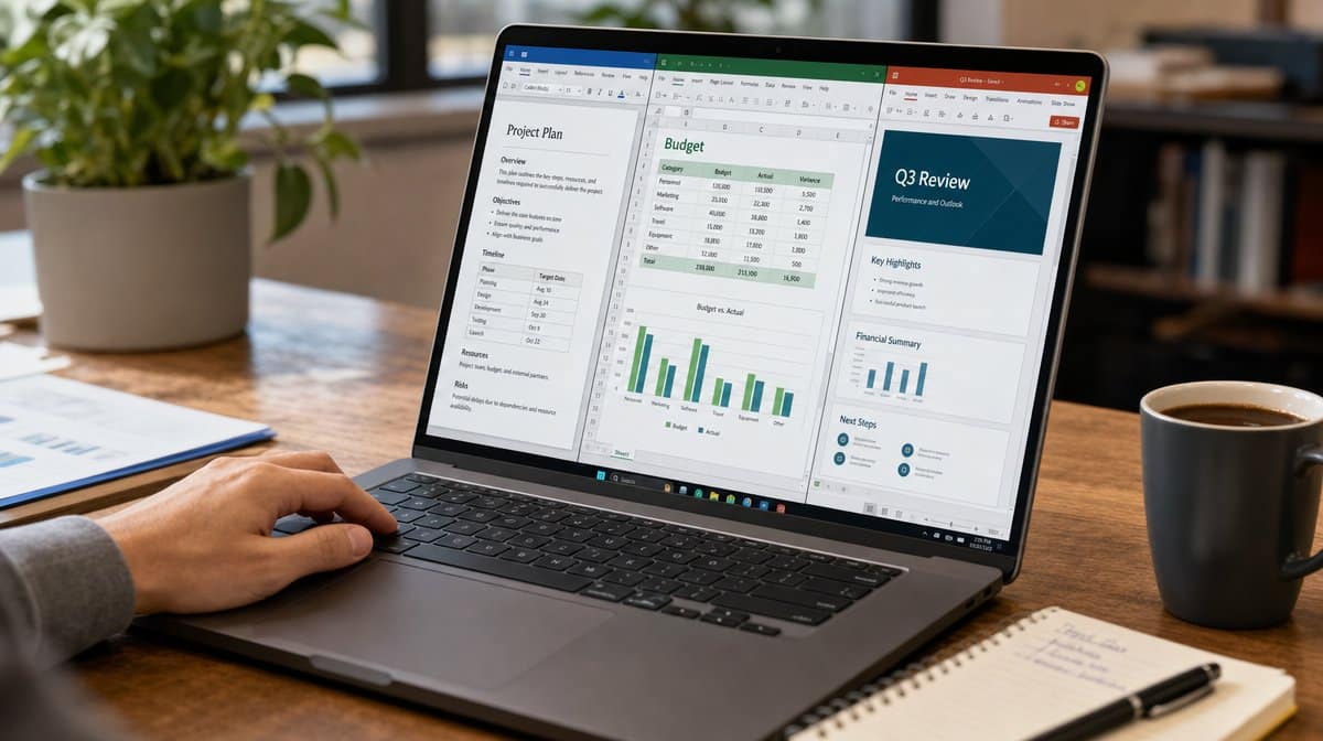 Laptop showing document spreadsheet and presentation work