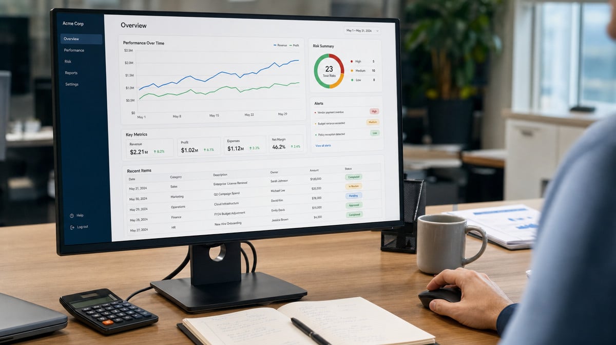 Business analytics dashboard showing trends and risk indicators