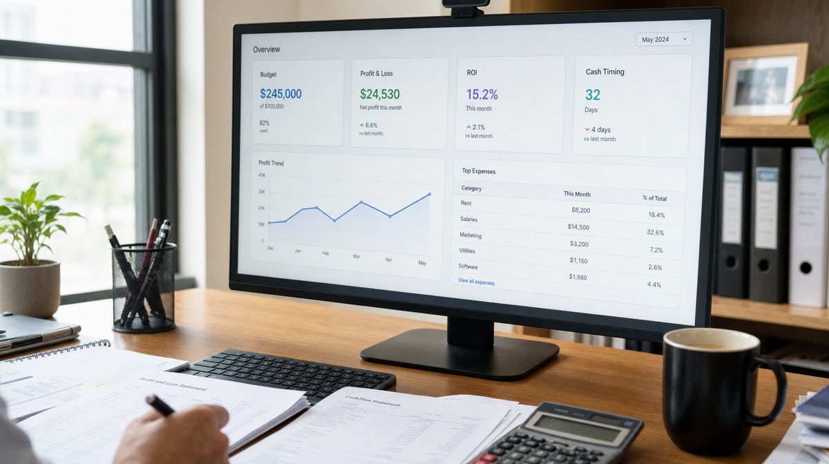 Finance dashboard showing budget profit loss and ROI metrics