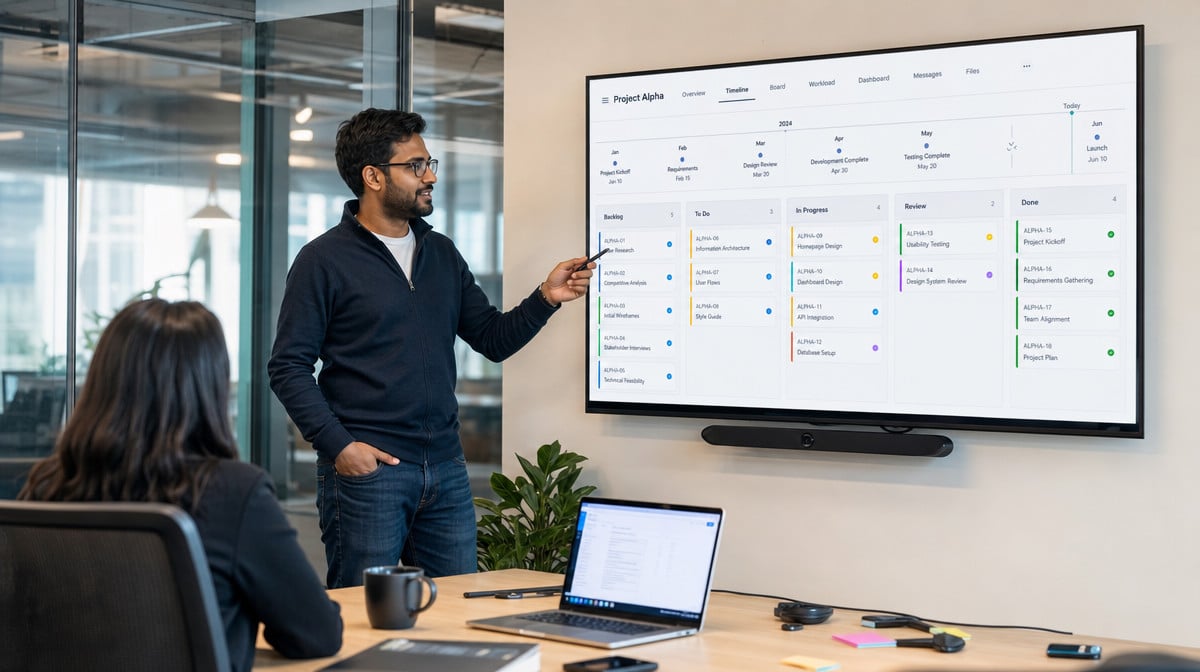 Manager reviewing project timeline and milestone dashboard