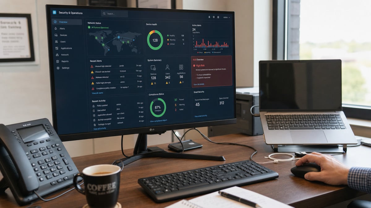 Computer technology dashboard with security and network status