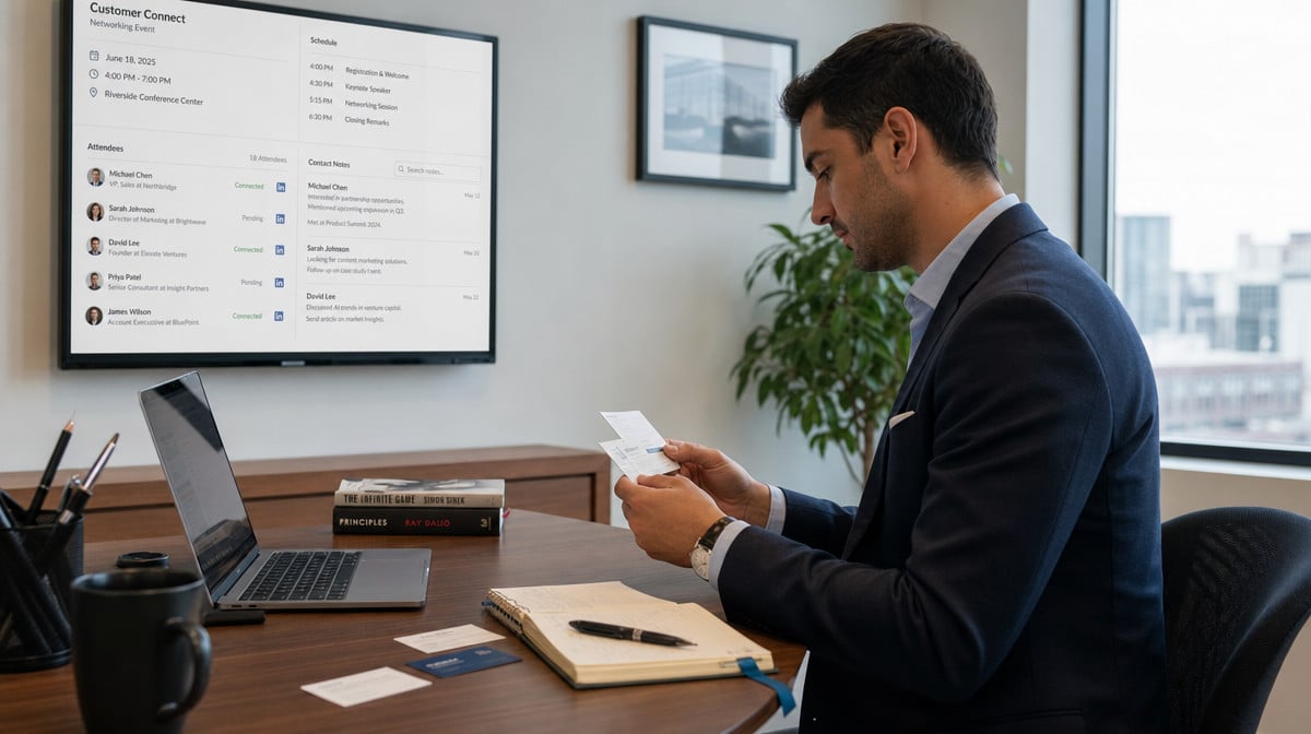 Manager preparing contact list and business cards for networking