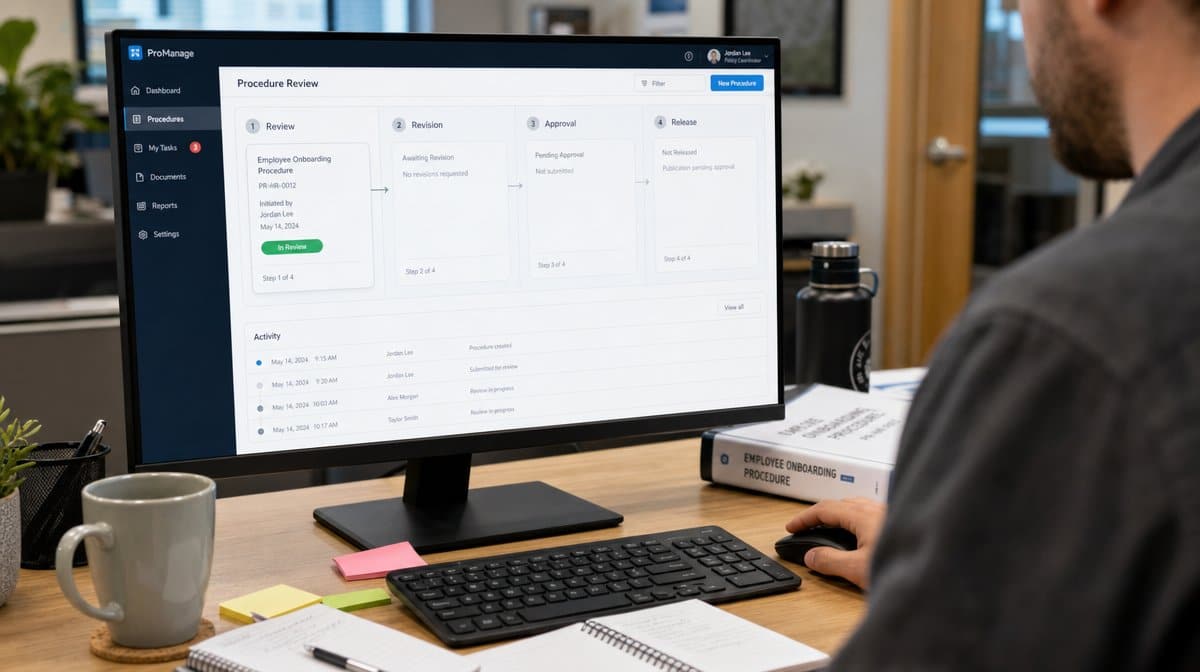 Policy review workflow dashboard showing draft review approval and release stages