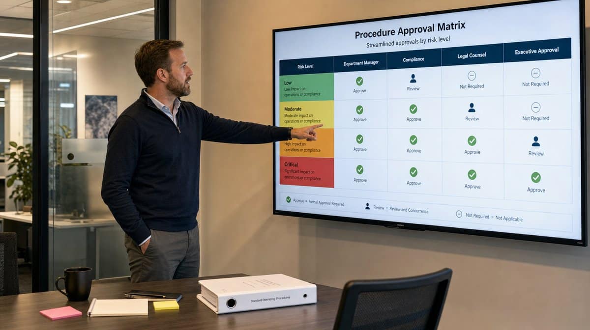 Manager reviewing a minimal procedure approval dashboard in an office