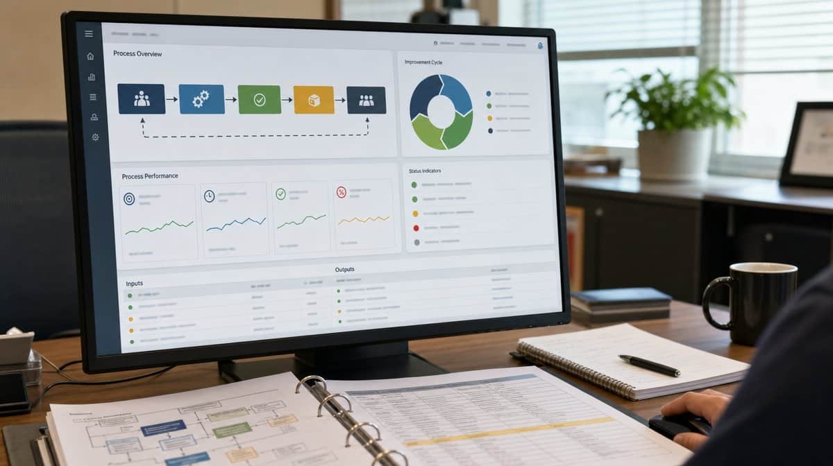 Process map dashboard showing inputs, outputs, controls, and improvement steps