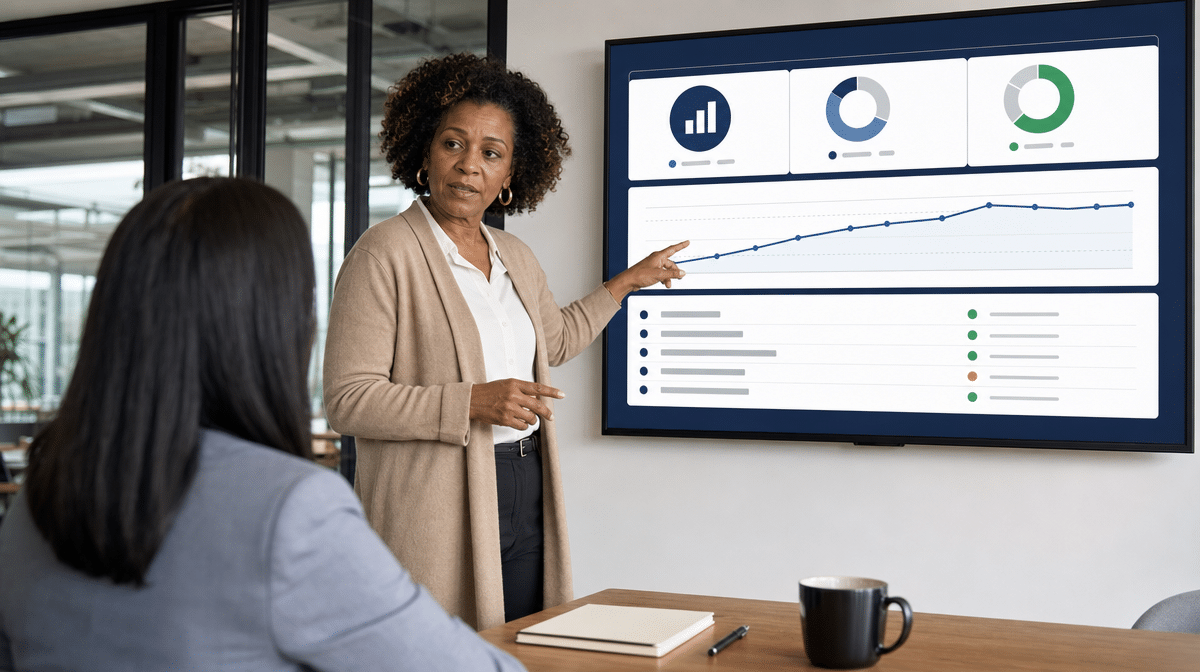 Manager reviewing team goals and productivity measures on an office dashboard