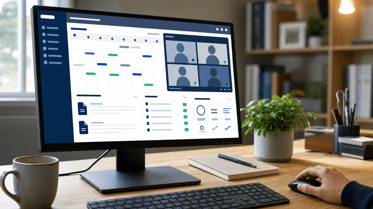 Home office monitor showing tasks, meetings, secure files, and system status
