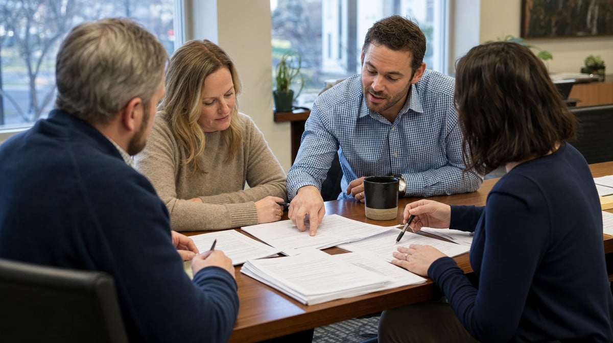 Manager and staff collaborating over printed compliance policy documents at a conference table