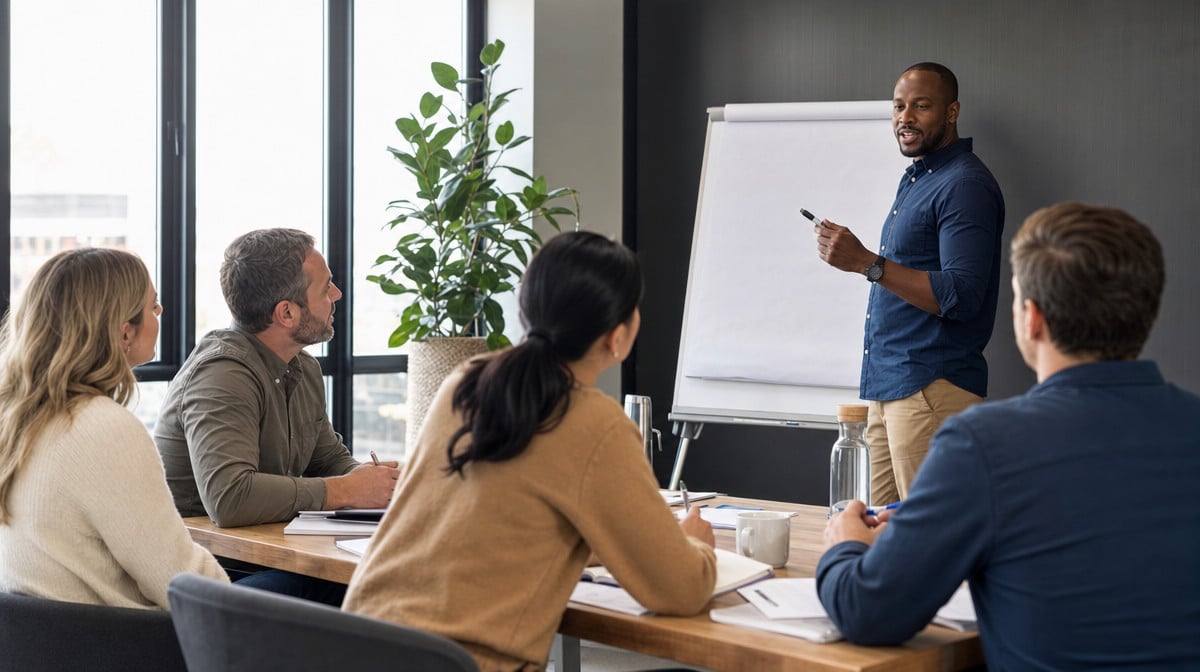 Presenter leading a workplace training session with engaged employees taking notes