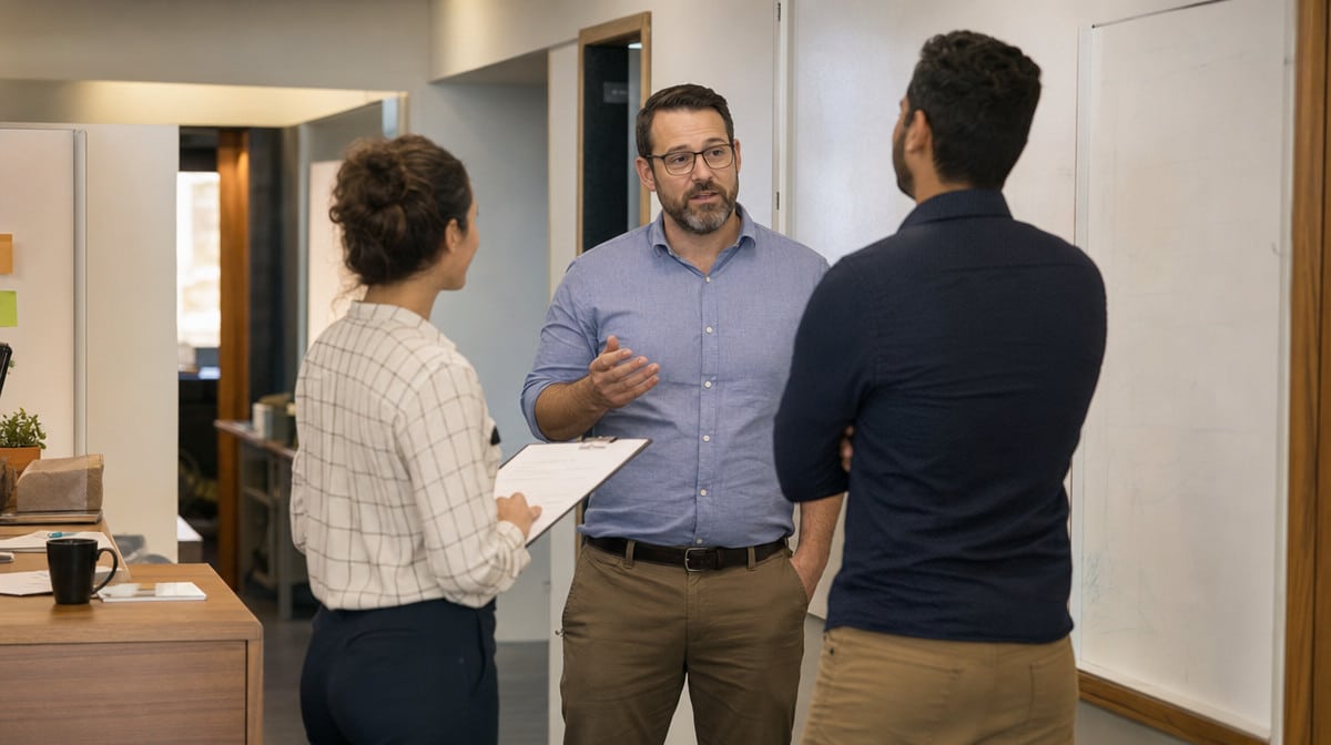 Manager holding a short stand-up meeting with two team members near a whiteboard
