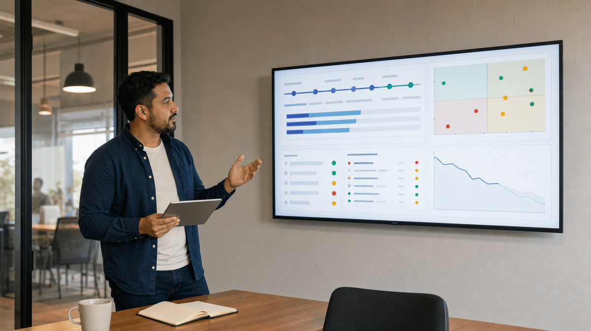 Founder reviewing startup milestones, risks, and cash runway
