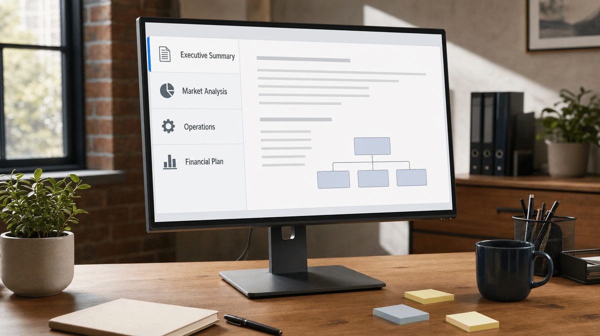 Business plan outline displayed on an office monitor