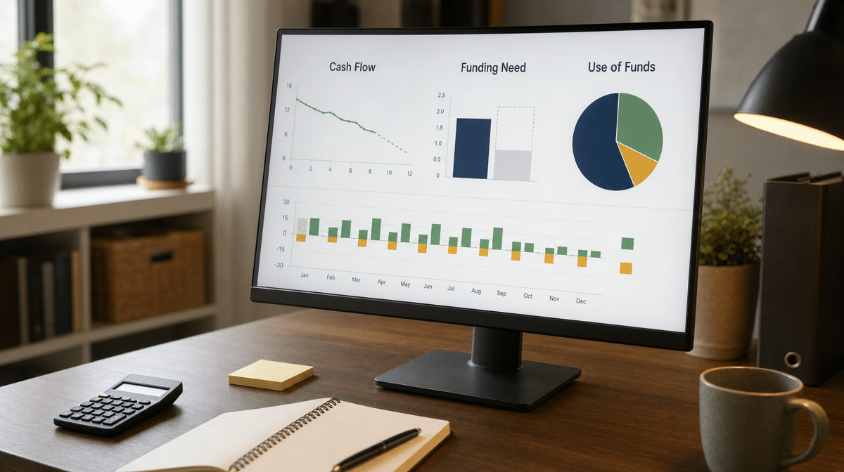 Startup cash flow forecast and funding needs on an office monitor