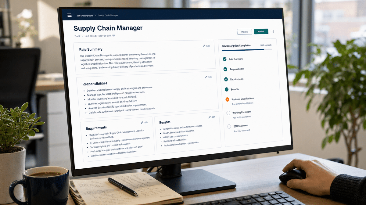Monitor showing the structure of a supply chain manager job description on a recruiter's desk