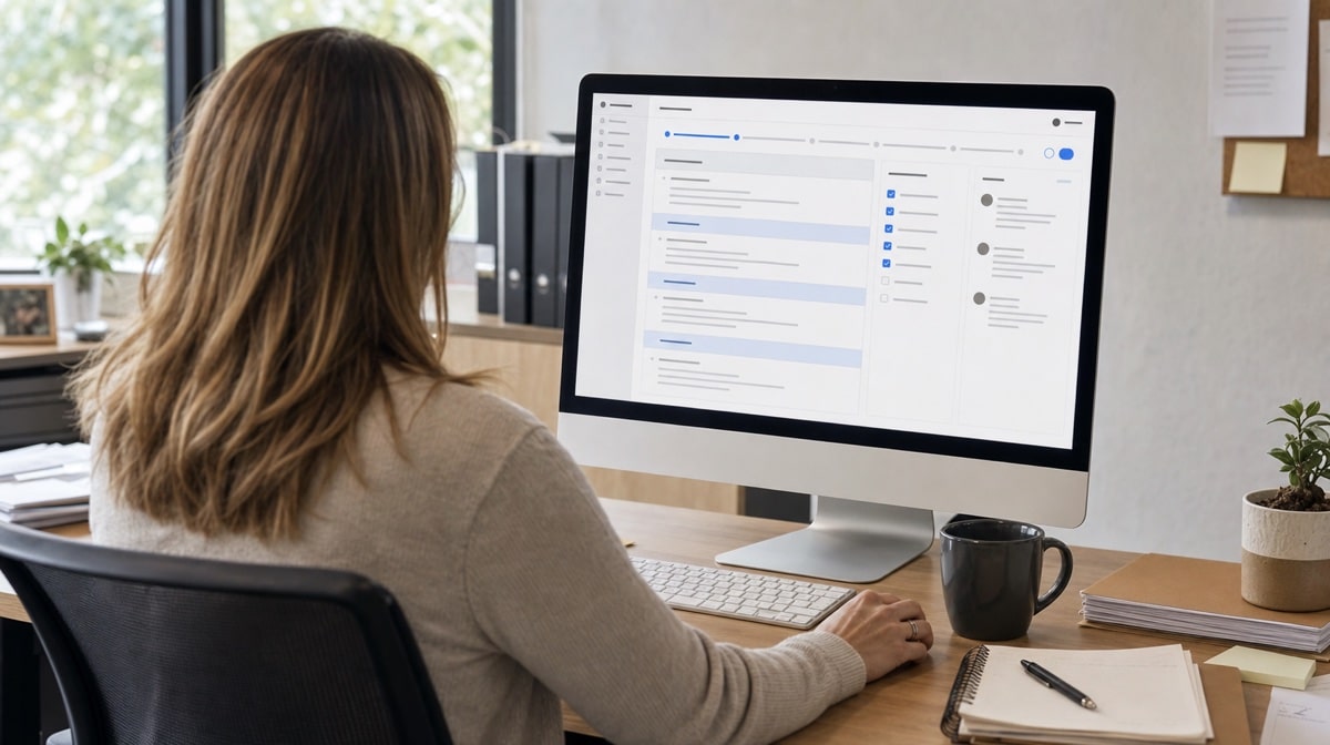 Manager reviewing a structured DEI policy draft on an office monitor