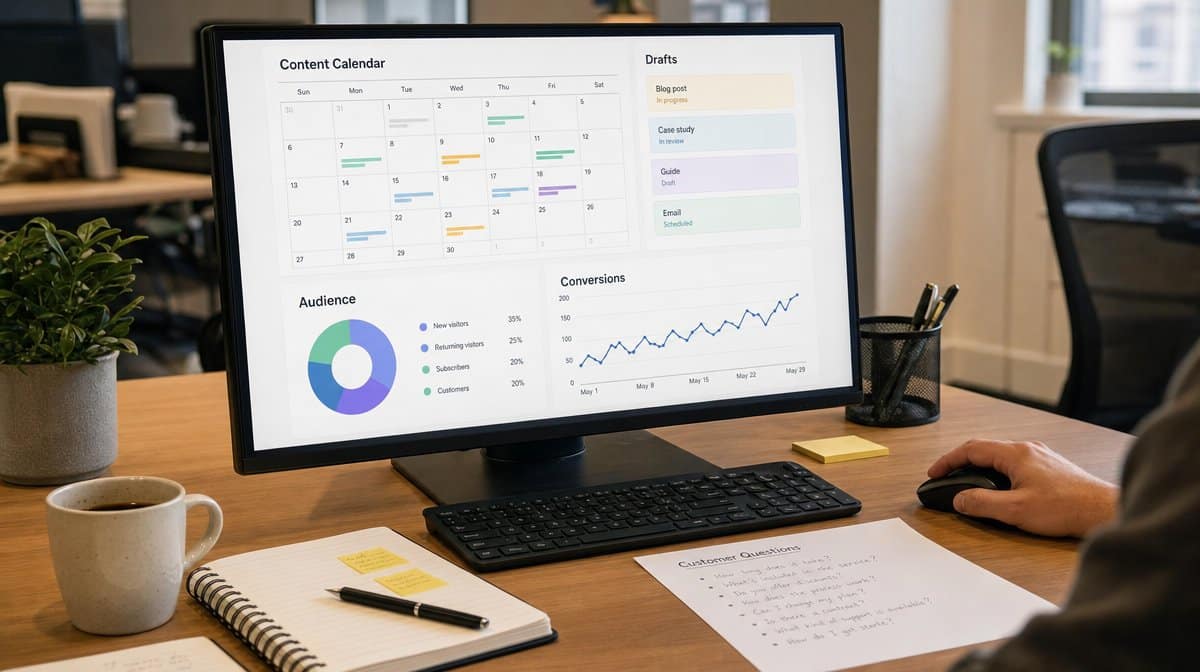 Content marketing calendar dashboard on an office monitor