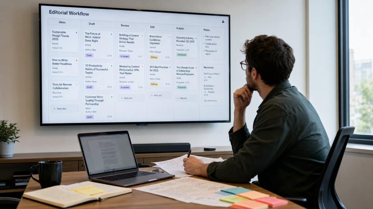 Content writer reviewing an editorial workflow dashboard