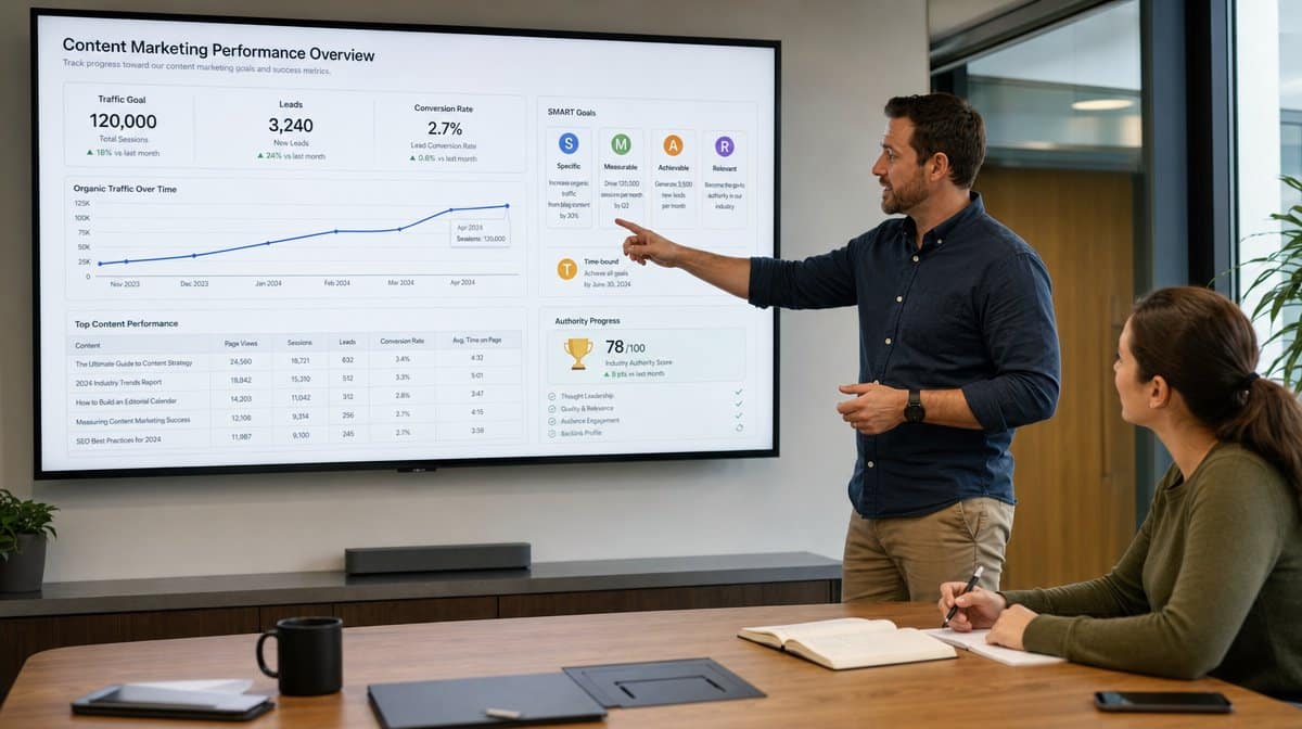 Marketing manager reviewing content goals and performance metrics