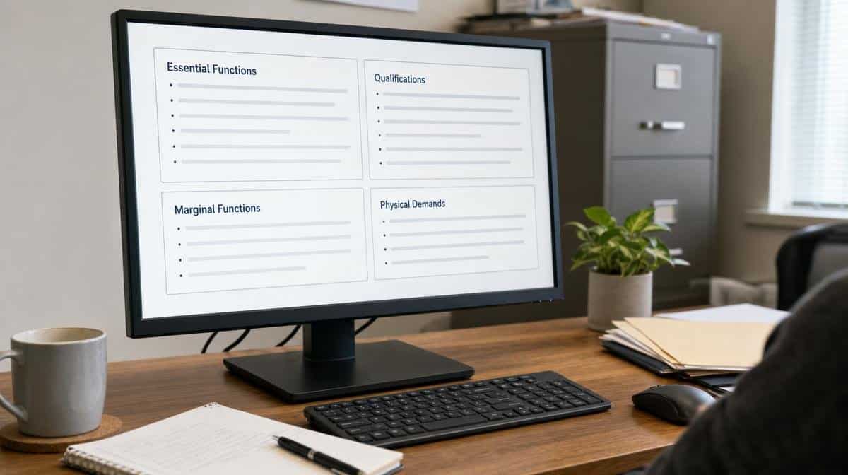 Job description template separating essential and marginal job functions on an HR monitor