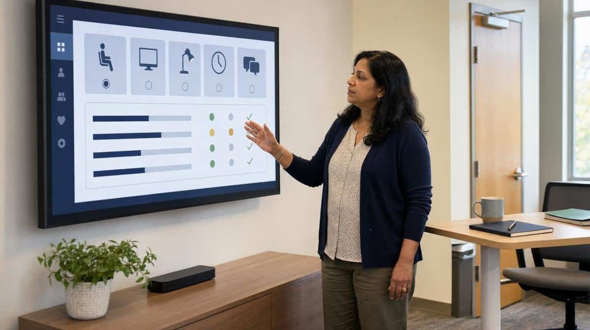 Accommodation coordinator comparing workplace adjustment options on a planning display