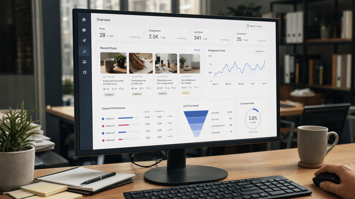 Social media performance dashboard showing engagement, clicks, and conversions
