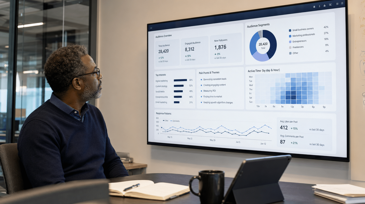 Marketer reviewing audience insights before writing a social media post