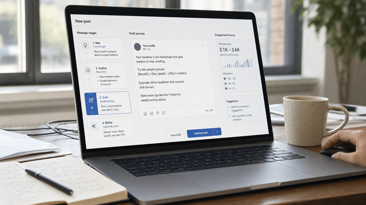 Social post editor organized around a clear message and next action