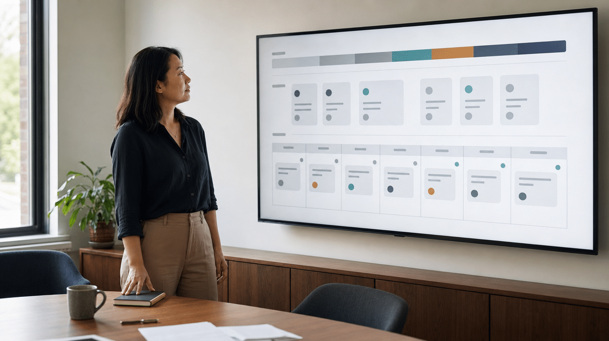 Marketing lead reviewing a consistent brand voice and social content calendar