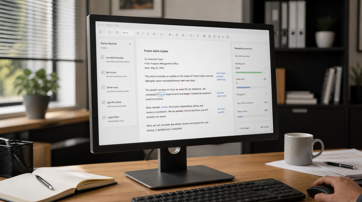 Business memo beside a five-step writing clarity checklist