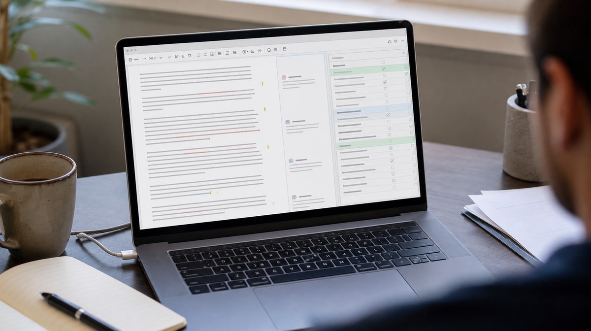 Document editor showing tracked changes and proofreading comments