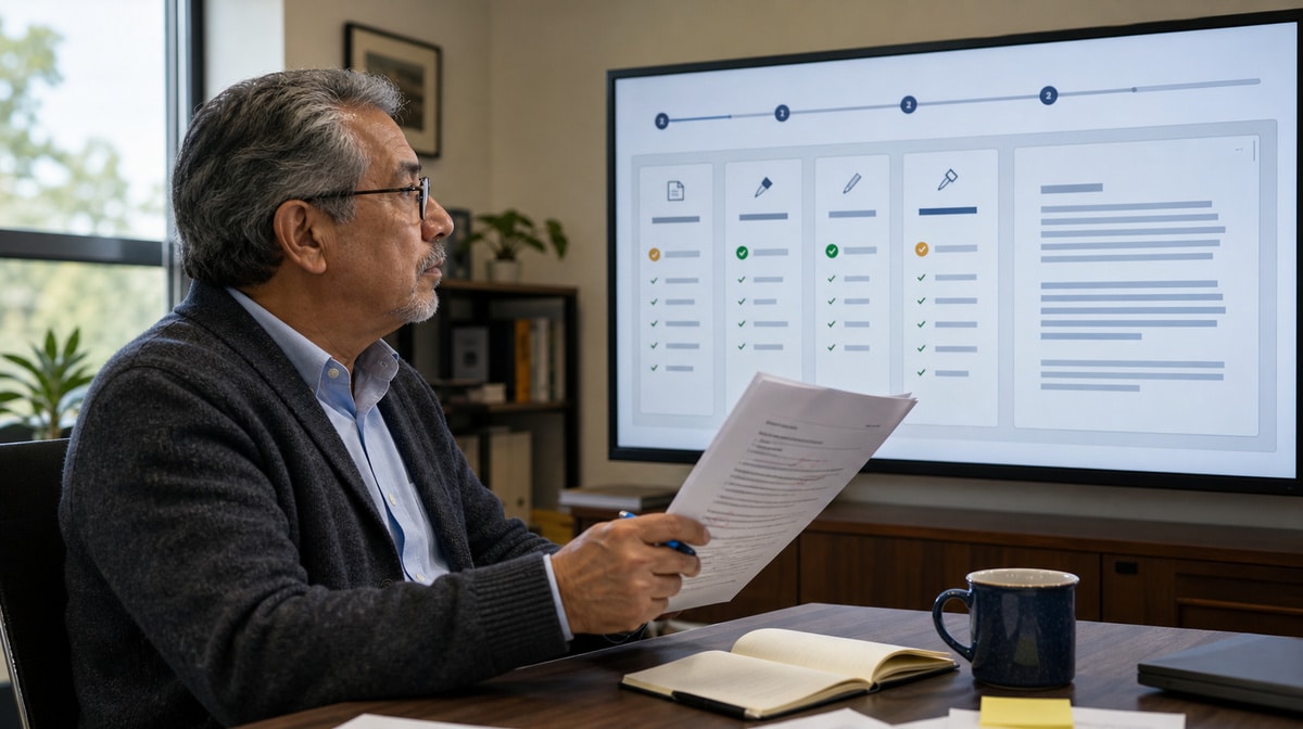 Business writer reviewing a structured editing workflow on screen