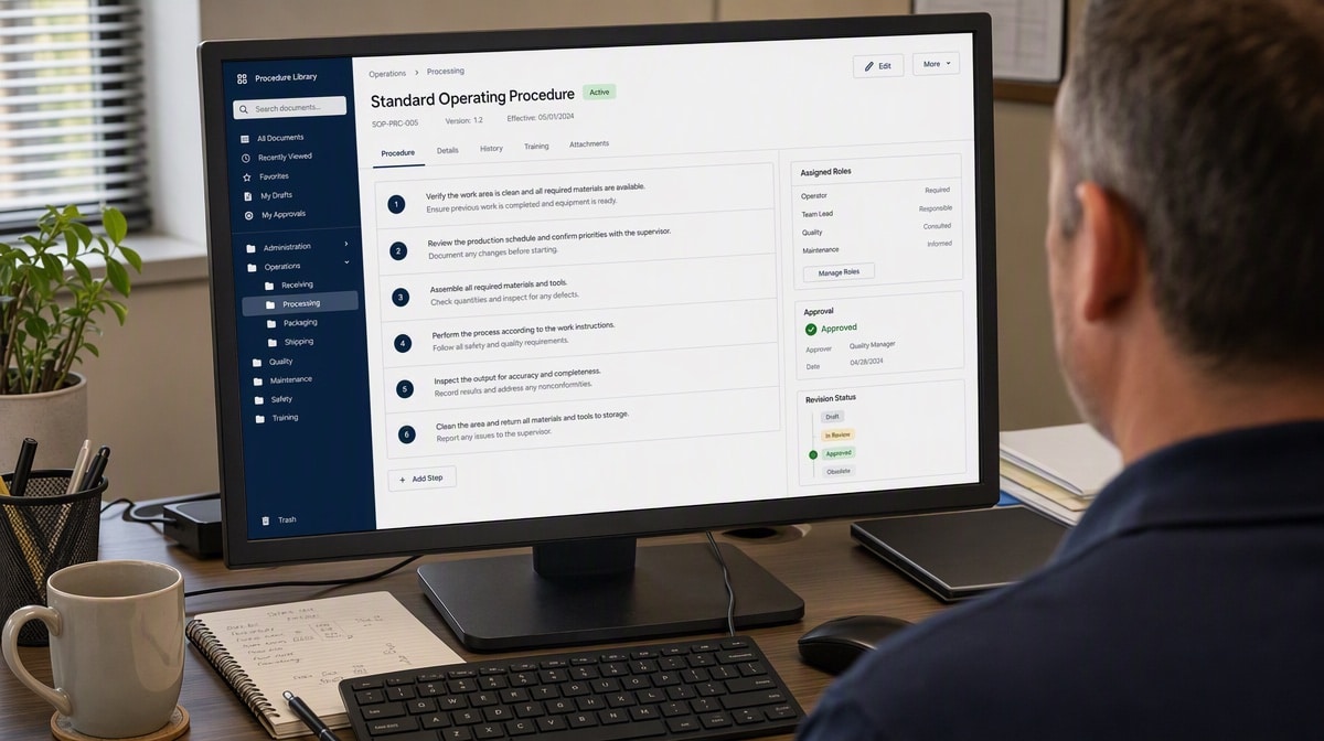 Standard operating procedure editor with numbered steps and approval status