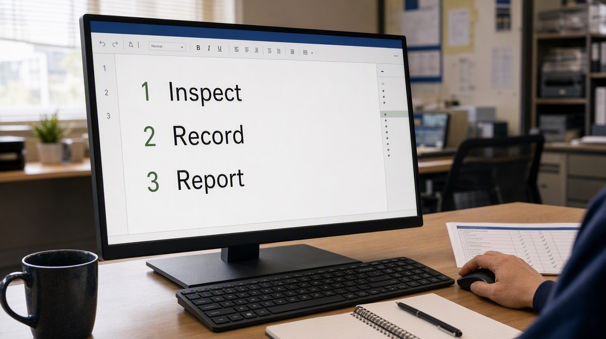 Procedure-writing screen using the active verbs inspect record and report