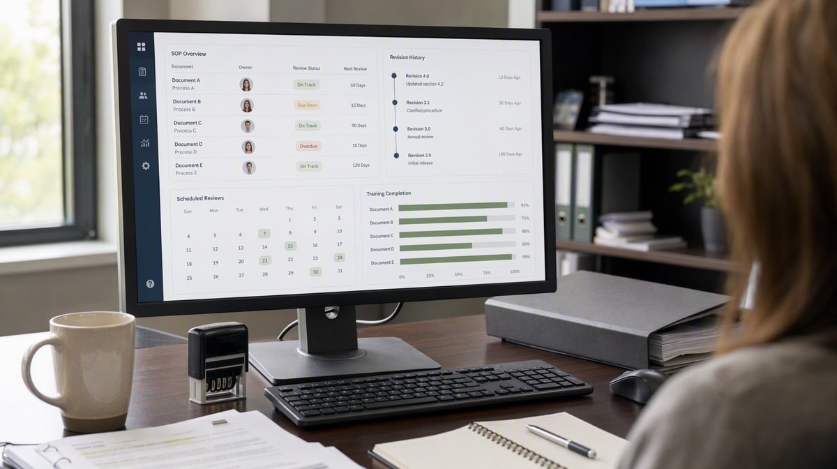 SOP ownership dashboard showing reviews revisions and training status