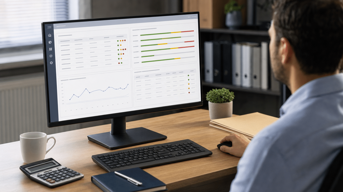 Accounts payable and receivable workflow dashboard on an office monitor