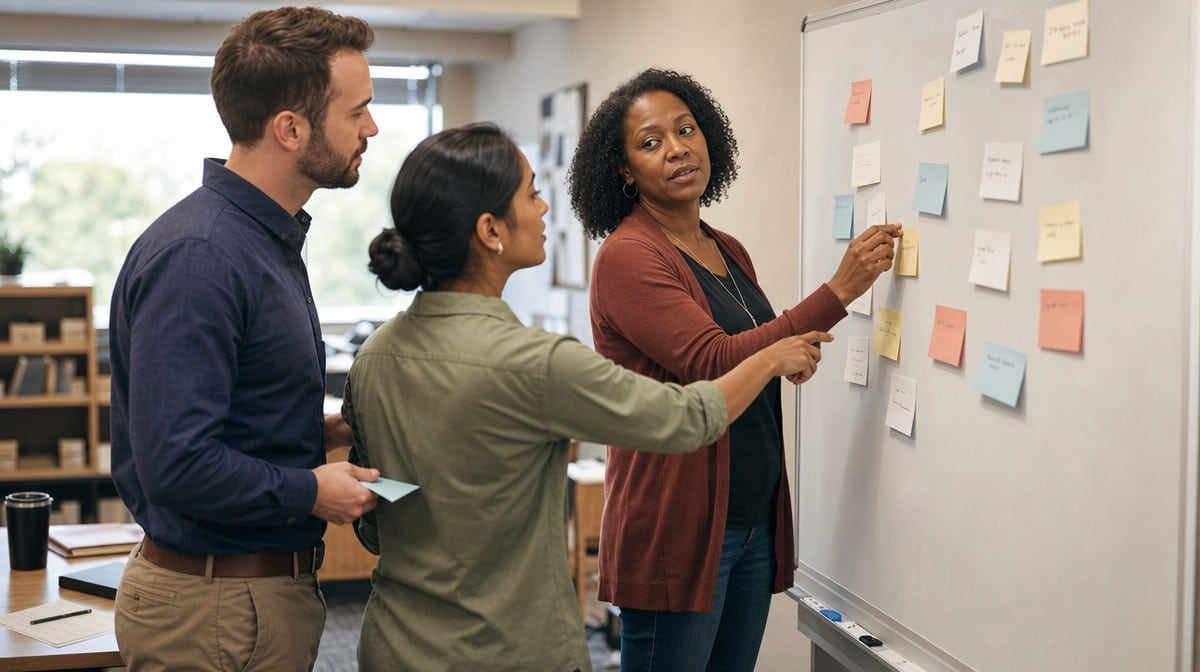 Sales colleagues organizing priorities for an agile sales sprint